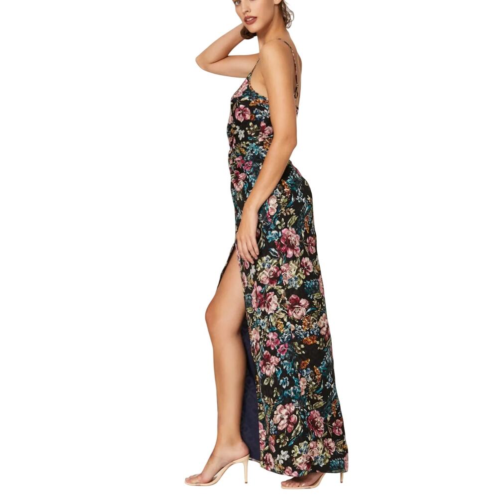 Amanda Uprichard Black Floral Maxi Dress with Pink & Green Print